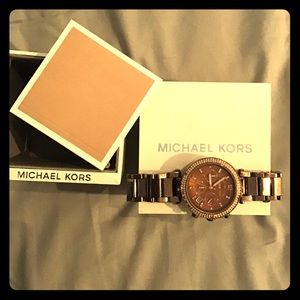 Mk rose gold and metallic brown watch